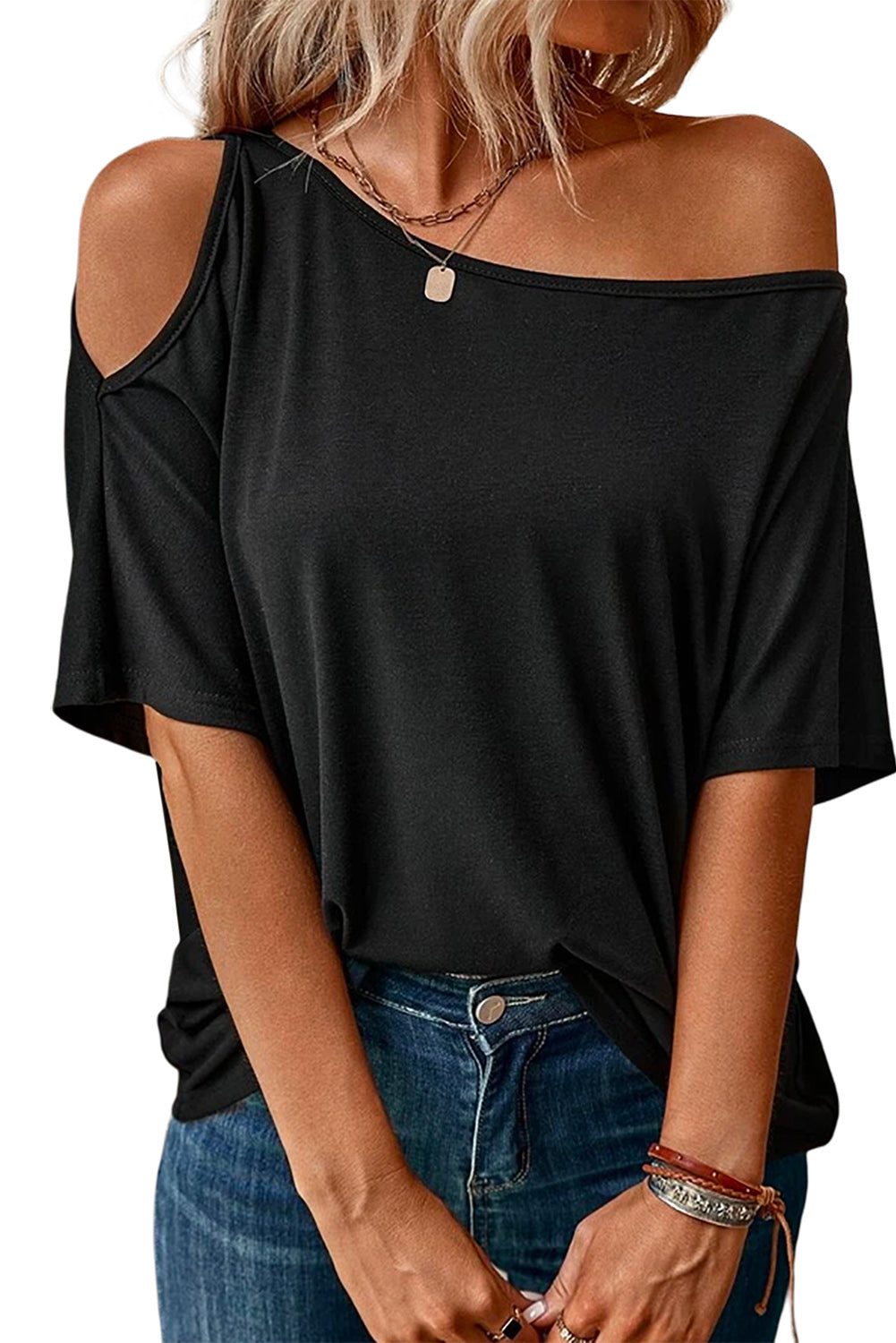 Black Solid Asymmetrical Neck Loose Casual T-Shirt-11