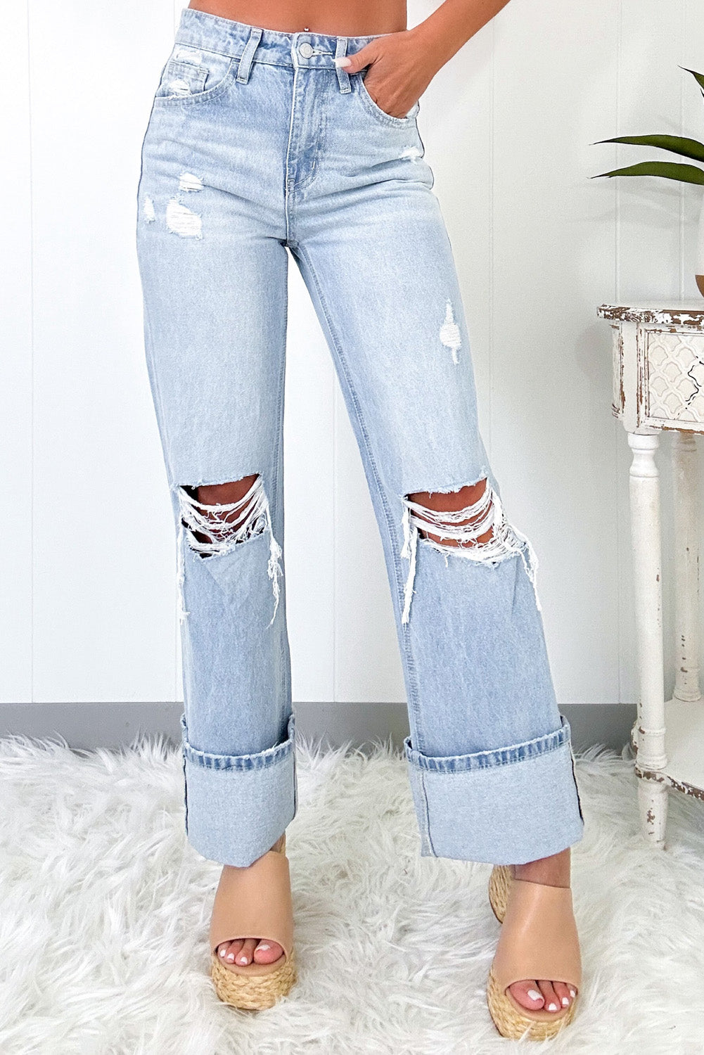 Beau Blue Light Wash Distressed Flare Jeans-0