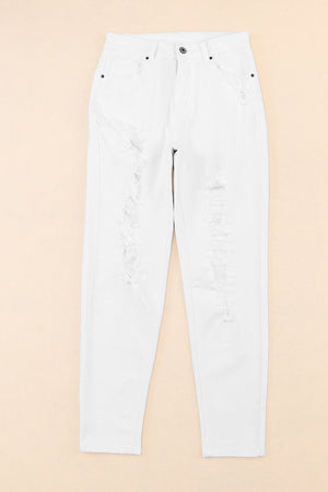 White Distressed Ripped Holes High Waist Skinny Jeans-3