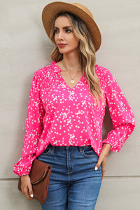 Pink Split Neck Fall Printed Crinkled Blouse-0