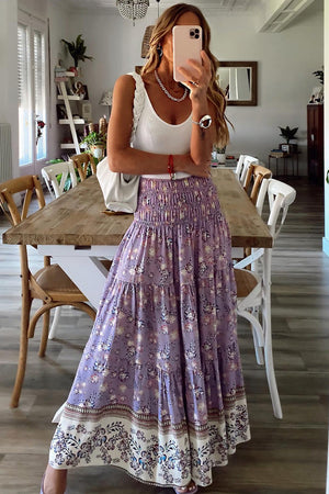 Purple Floral Print Shirred High Waist Maxi Skirt-4