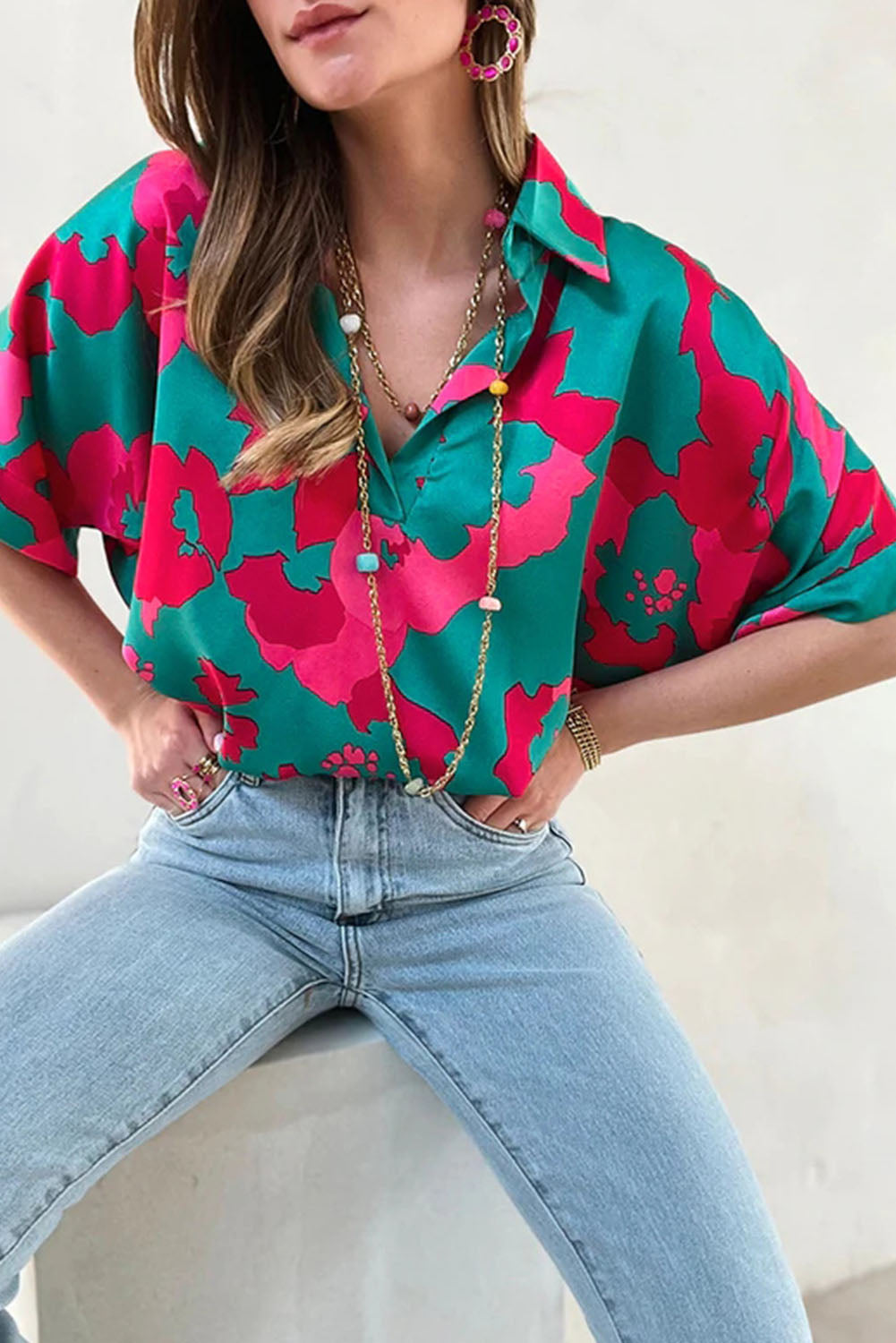 Green Abstract Print V Neck Blouse-2