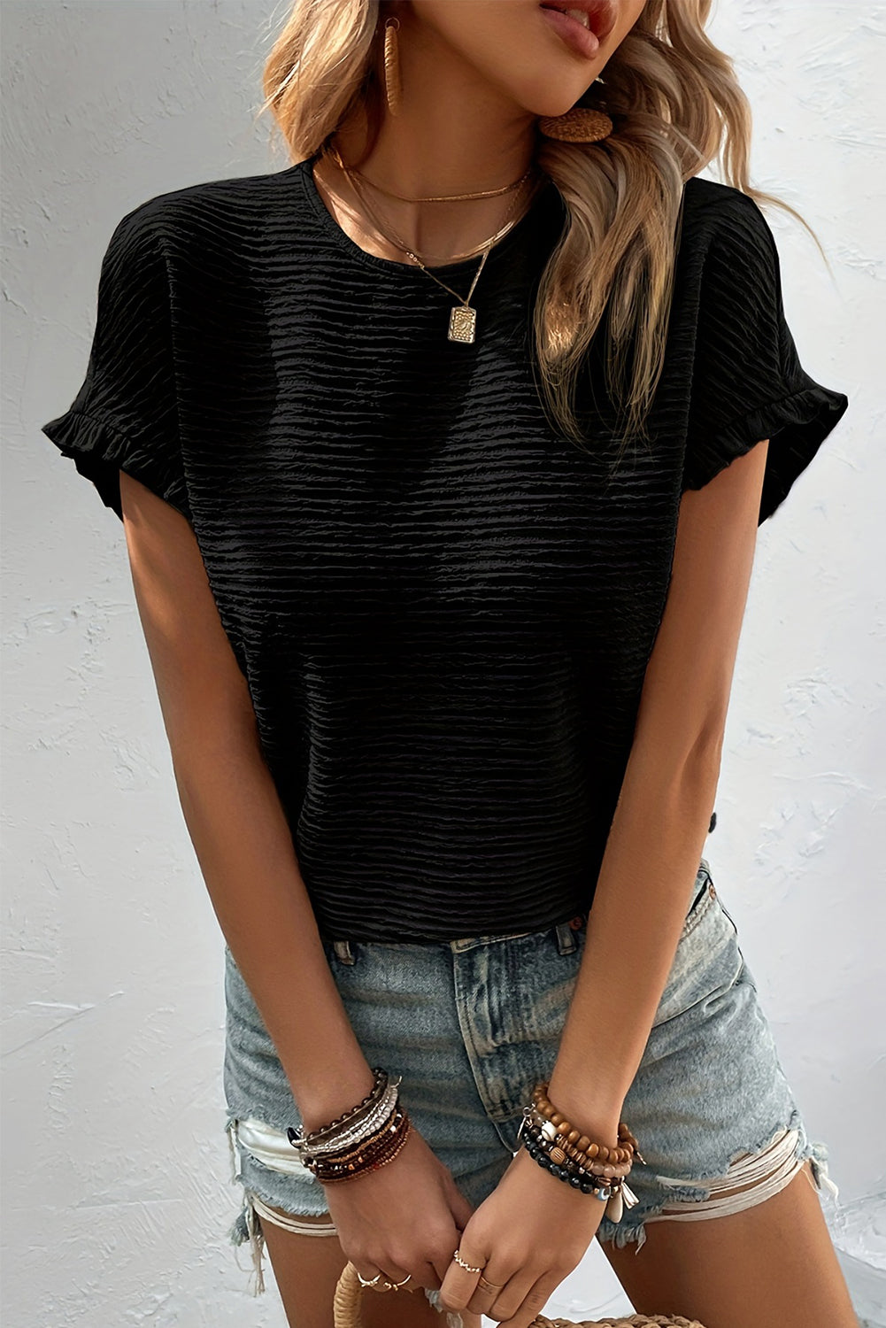 Black Solid Textured Ruffled Short Sleeve Blouse-0