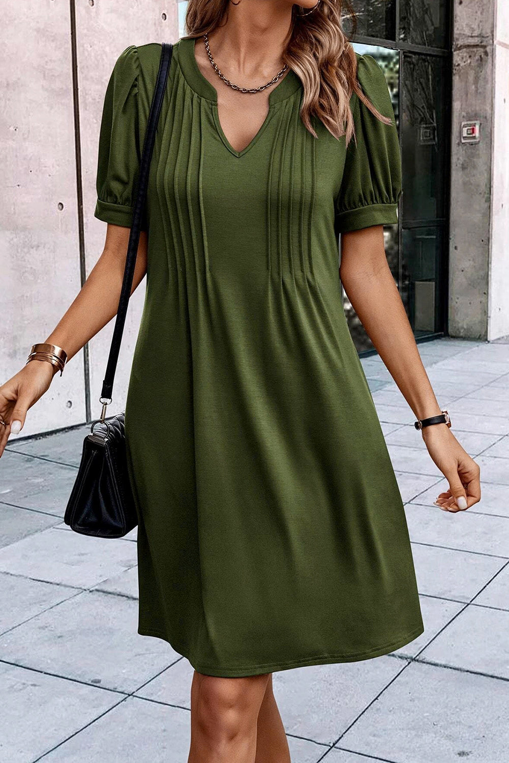 Fern Green Notched Neck Pleated Puff Sleeve Shift T-shirt Dress-2