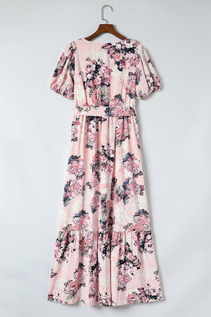 Pink Floral Puff Sleeve High Waist Maxi Dress-11