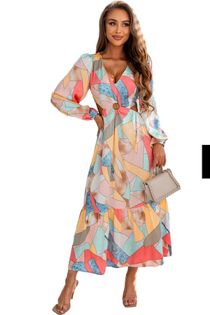 Multicolor Abstract Print O-ring Cut out Long Sleeve Maxi Dress-5