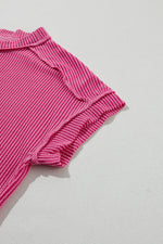 Rose Red Textured Knit Exposed Stitching T-shirt-15