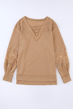 Apricot Lace Waffle Patchwork Strappy V Neck Long Sleeve Top-6