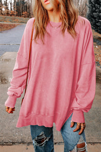 Pink Drop Shoulder Ribbed Trim Oversized Sweatshirt-0