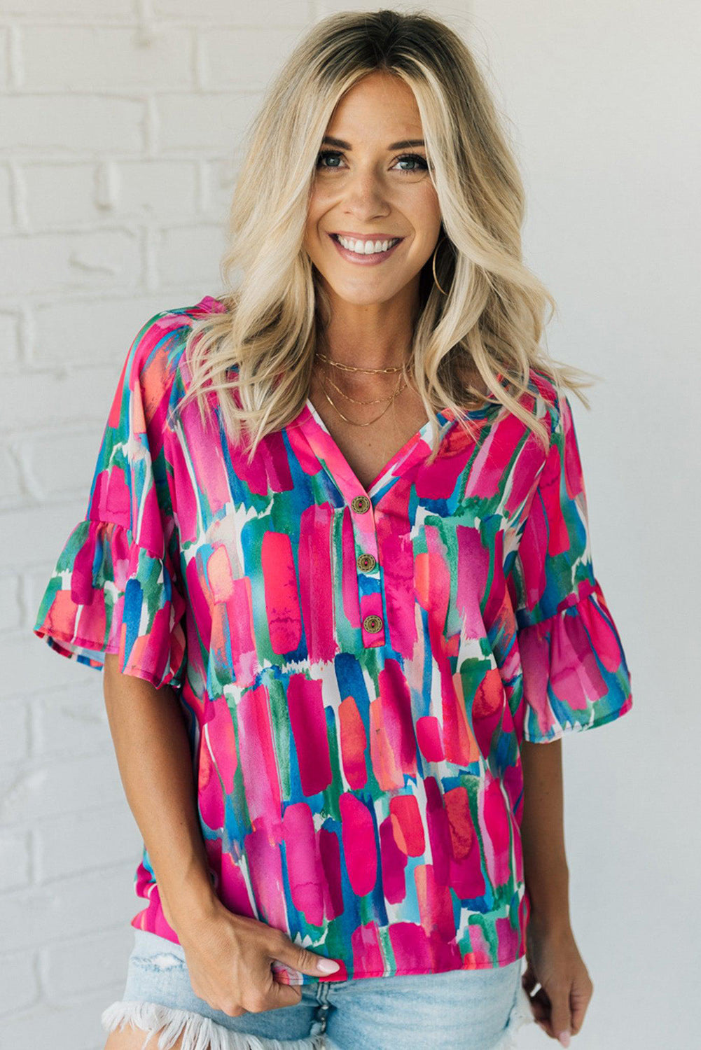 Rose Abstract Brushwork Print Buttoned V Neck Blouse-3