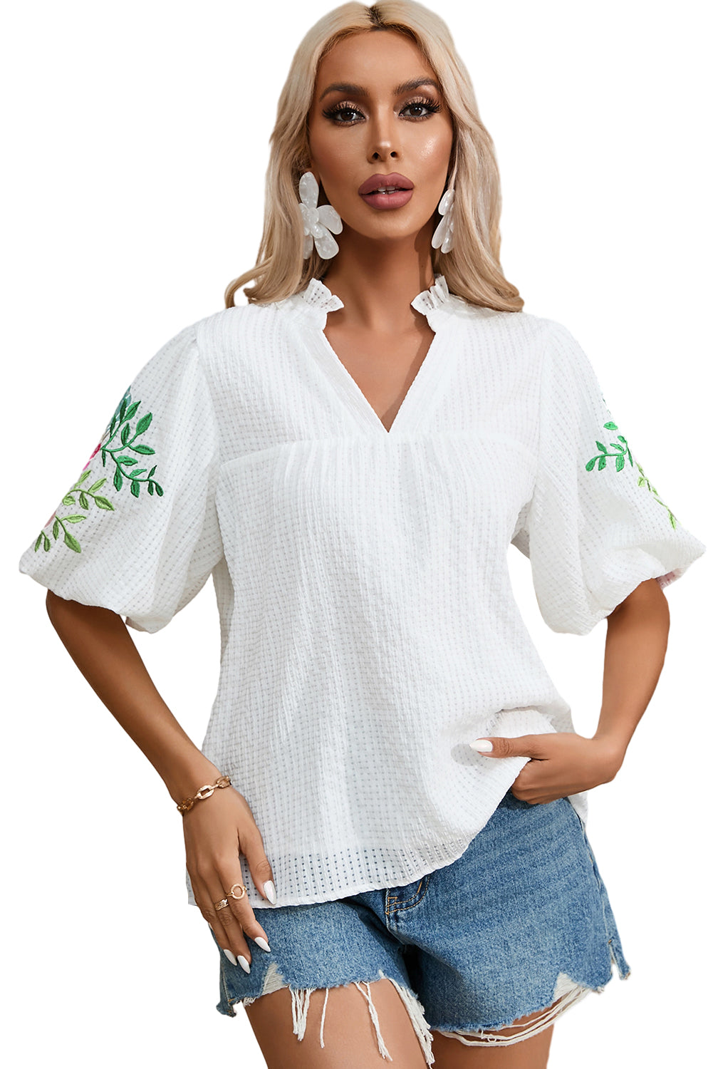 White Floral Embroidered Puff Sleeve Notched Neck Blouse-16