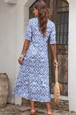 Sky Blue V Neck Casual Geometric Print Maxi Dress-5