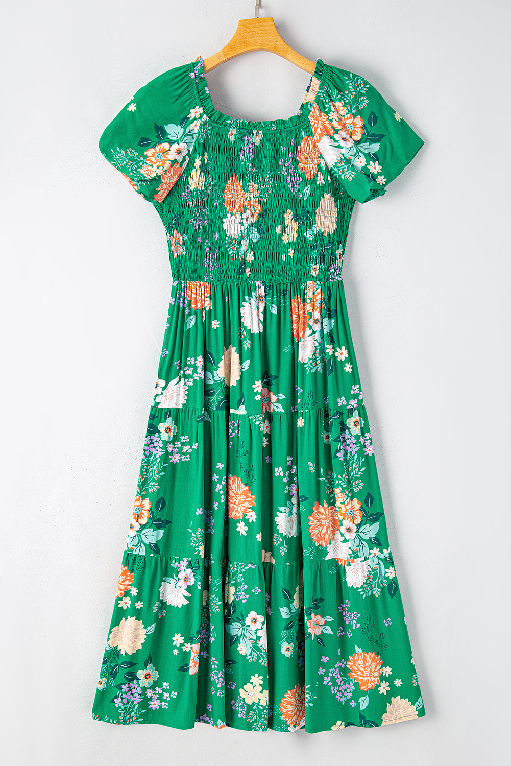 Green Floral Print Bubble Sleeve Smocked Tiered Midi Dress-7