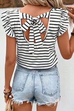 White Stripe Butterfly Sleeve V Neck Hollowed Knot Back T Shirt-0