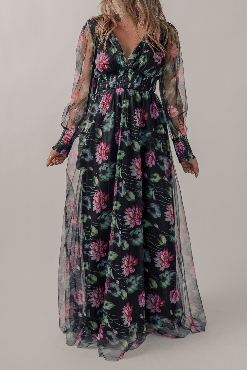 Black Mesh Sheer Shirred High Waist Floral Maxi Dress-3