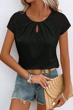 Black Contrast Lace Sleeve Keyhole Decor Top-4