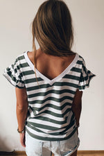 Sea Green Striped V Neck Ruffle Sleeve Top-1