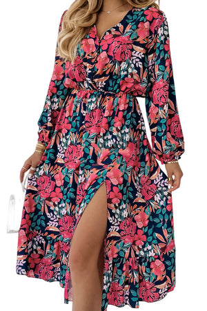 Red V Neck Elastic High Waist Split Floral Dress-6