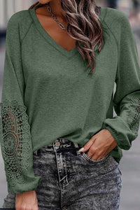 Green Crochet Lace Patch Raglan Sleeve Top-0