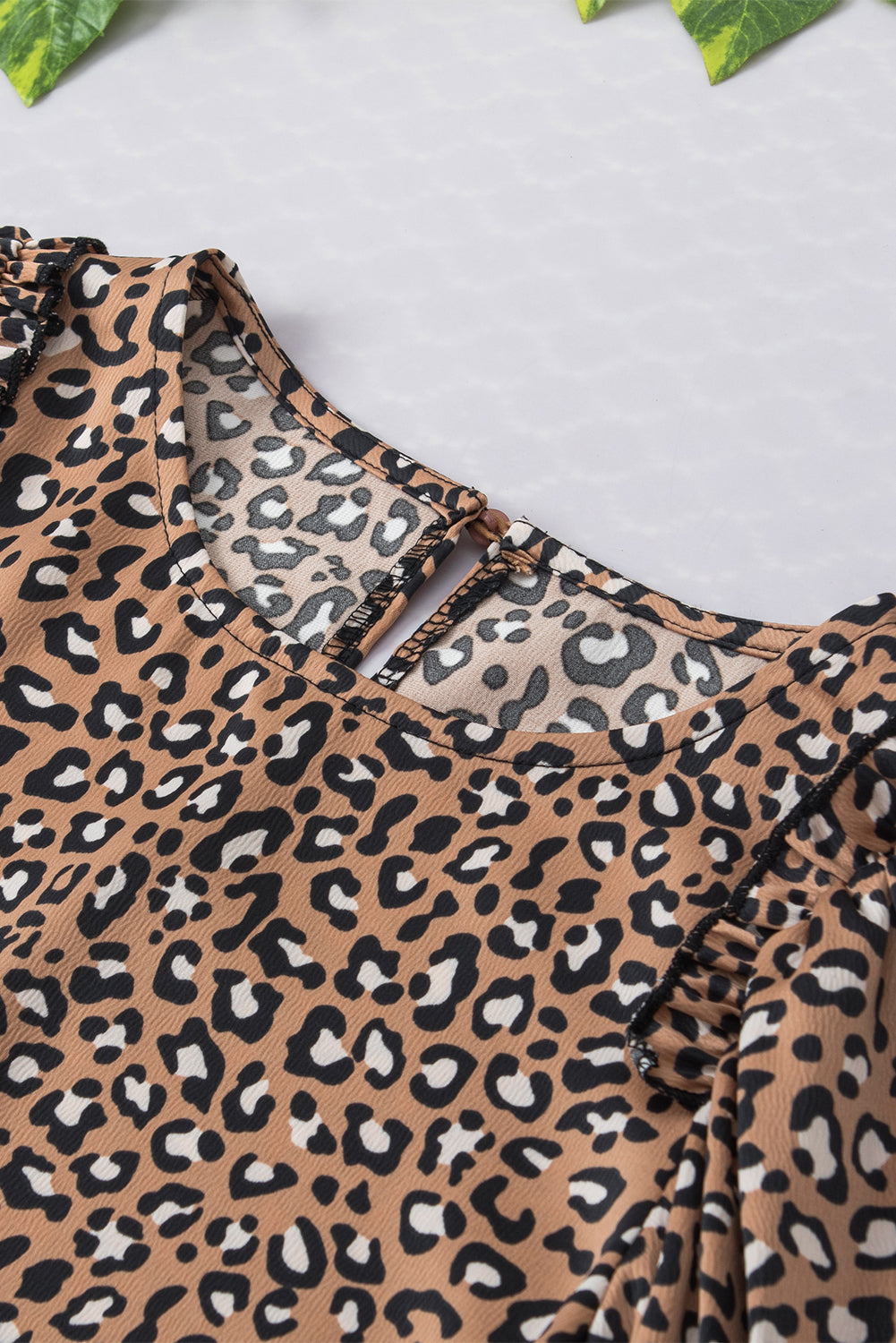 Chestnut Leopard Print Ruffle Wide Sleeve Blouse-11