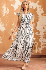 White Abstract Vein Print V Neck Ruffle Maxi Dress-4