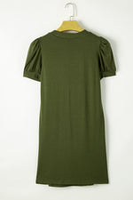 Fern Green Notched Neck Pleated Puff Sleeve Shift T-shirt Dress-6