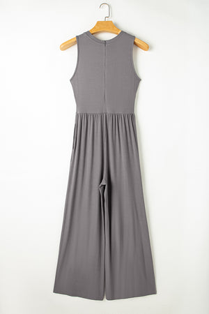 Medium Grey Cinched Waist Sleeveless Wide Leg Jumpsuit-2