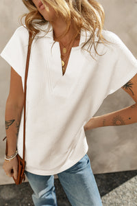 White Textured V Neck Collared Short Sleeve Top-0