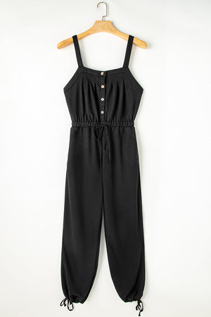 Black Knotted Straps Button Textured Drawstring Jumpsuit-4