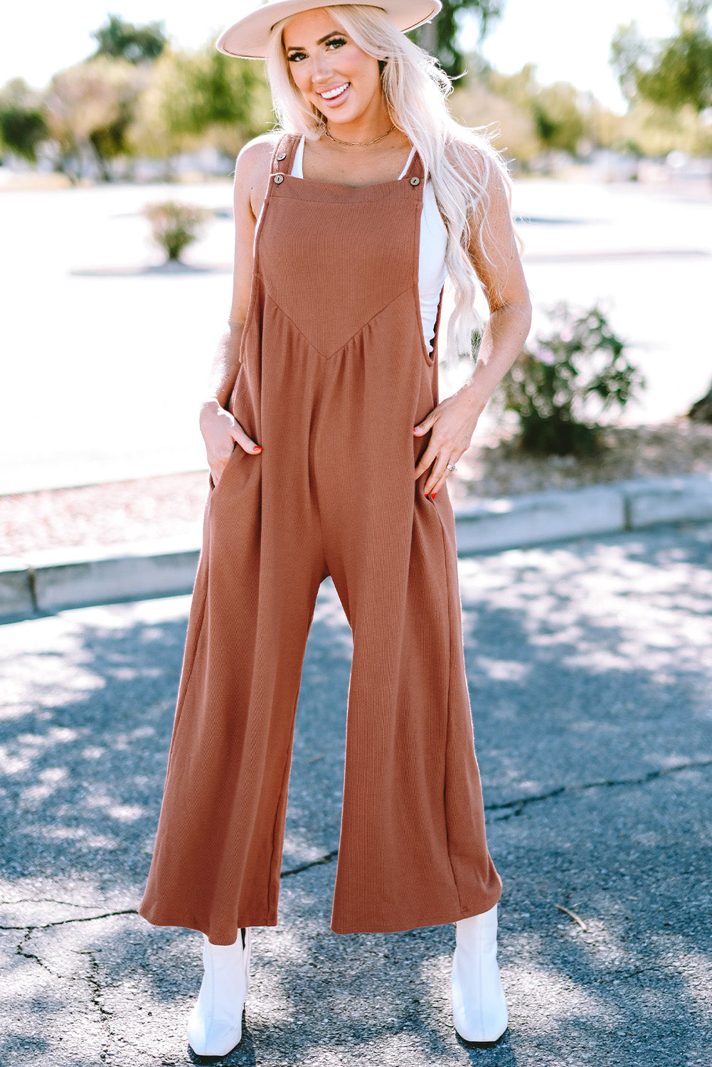 Gold Flame Textured Buttoned Straps Ruched Wide Leg Jumpsuit-0