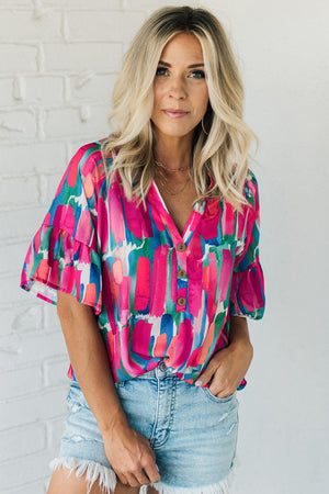 Rose Abstract Brushwork Print Buttoned V Neck Blouse-4