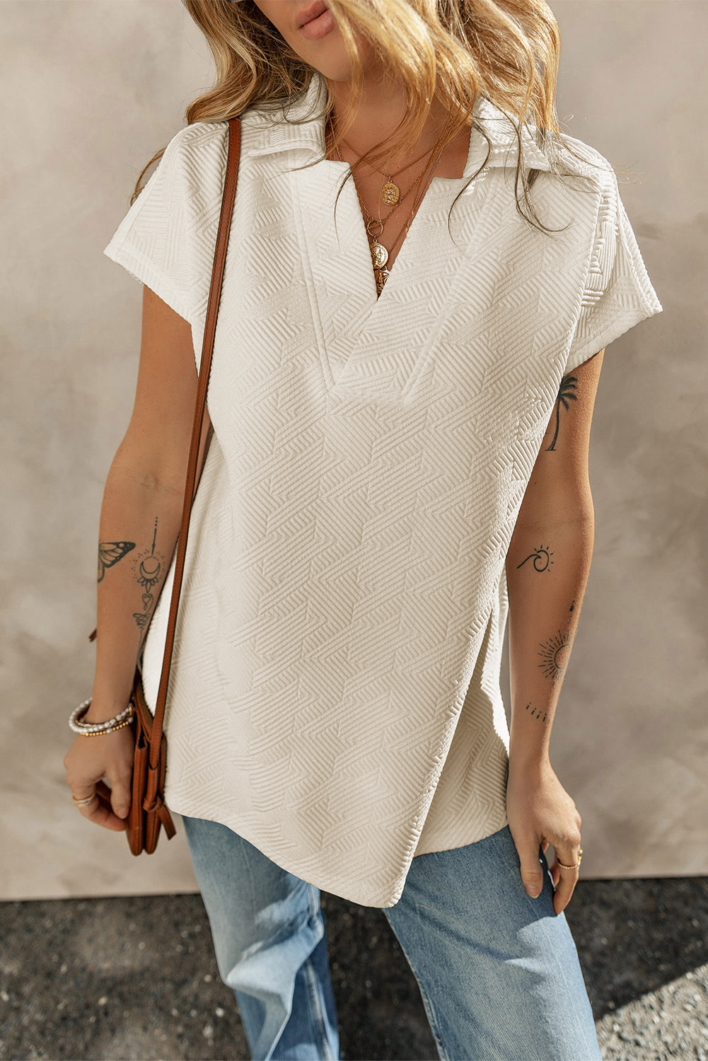 Apricot Textured V Neck Collared Short Sleeve Top-4