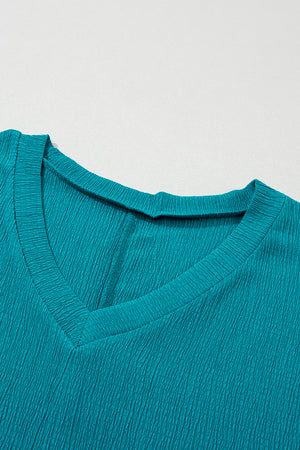 Blue Sapphire Crinkled V Neck Wide Sleeve T-shirt-11