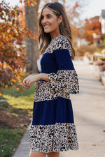 Leopard Splicing High Waist Long Sleeve Dress-2