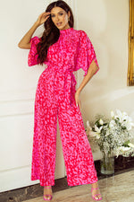 Rose Leopard Loose Sleeve Belted Wide Leg Jumpsuit-0