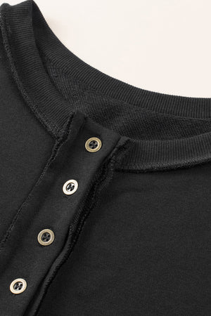 Black Oversized Exposed Seam Henley Sweatshirt-11