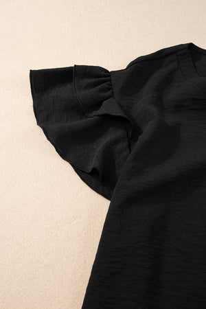 Black V Neck Ruffle Short Sleeve Blouse-7