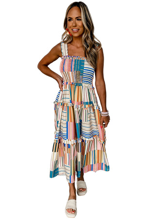 Khaki Mix Striped Wide Straps Smocked Tiered Maxi Dress-10