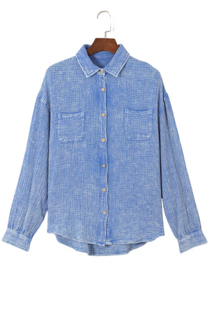 Sky Blue Mineral Wash Crinkle Textured Chest Pockets Shirt-20