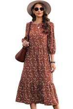 Chestnut Floral Print 3/4 Sleeve Ruffle Hem Midi Dress-10