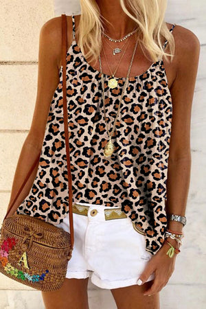 Khaki Leopard Print Spaghetti Strap Pleated Flowing Tank Top-0