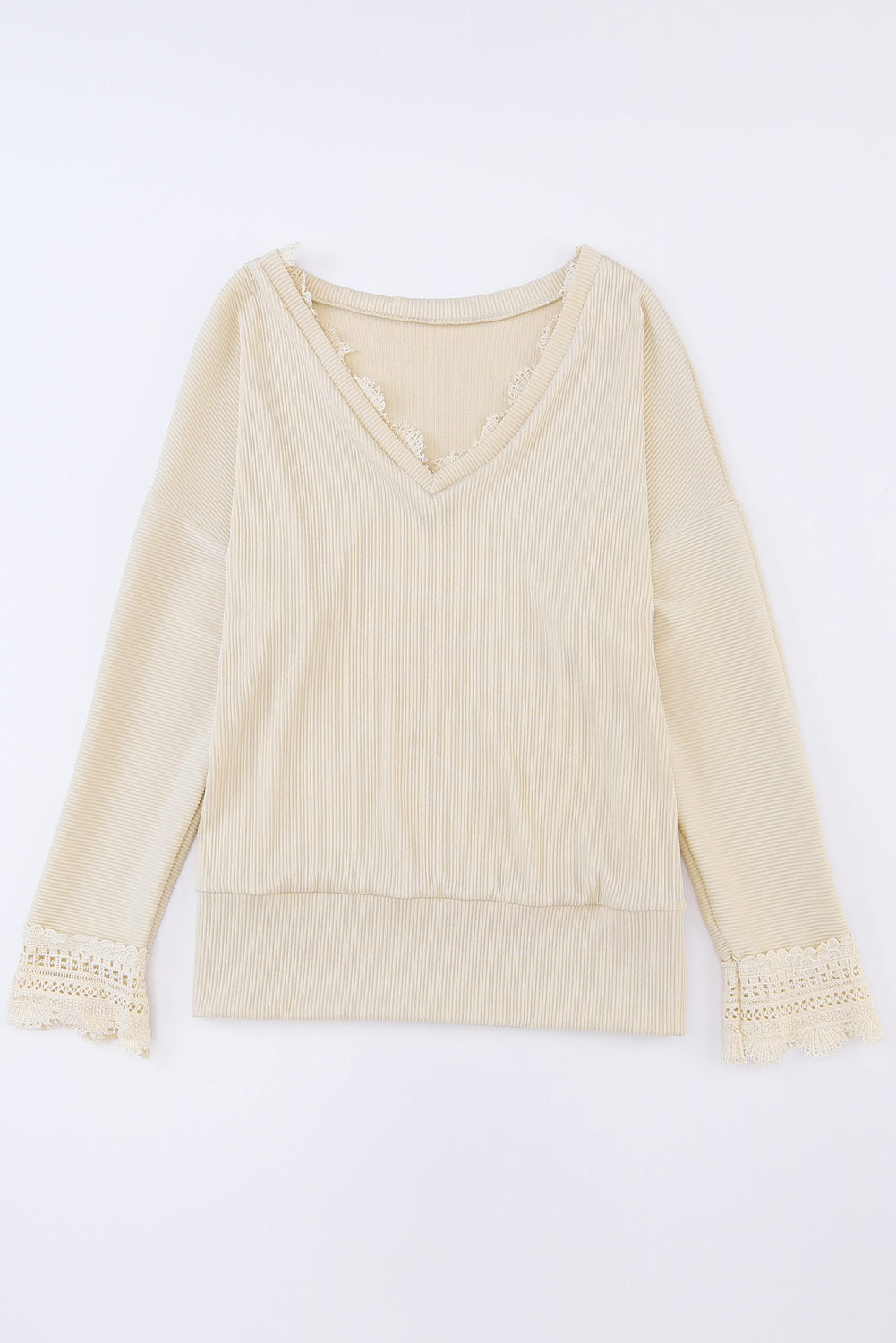 Apricot Ribbed Texture Lace Trim V Neck Long Sleeve Top-10