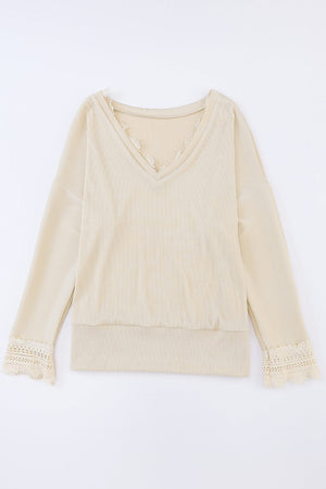 Apricot Ribbed Texture Lace Trim V Neck Long Sleeve Top-10