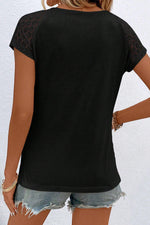 Black Contrast Lace Sleeve Keyhole Decor Top-1