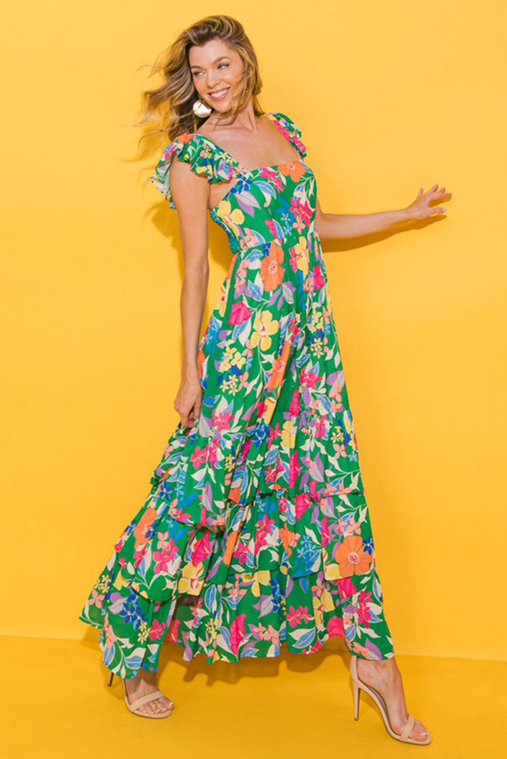 Green Floral Print Sleeveless Ruffle Tiered Maxi Dress-3