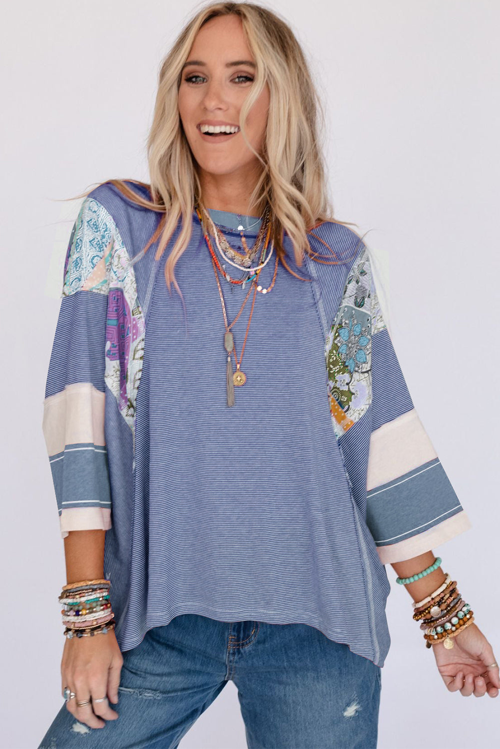 Sky Blue Printed Pinstriped Color Block Patchwork Oversized Top-3