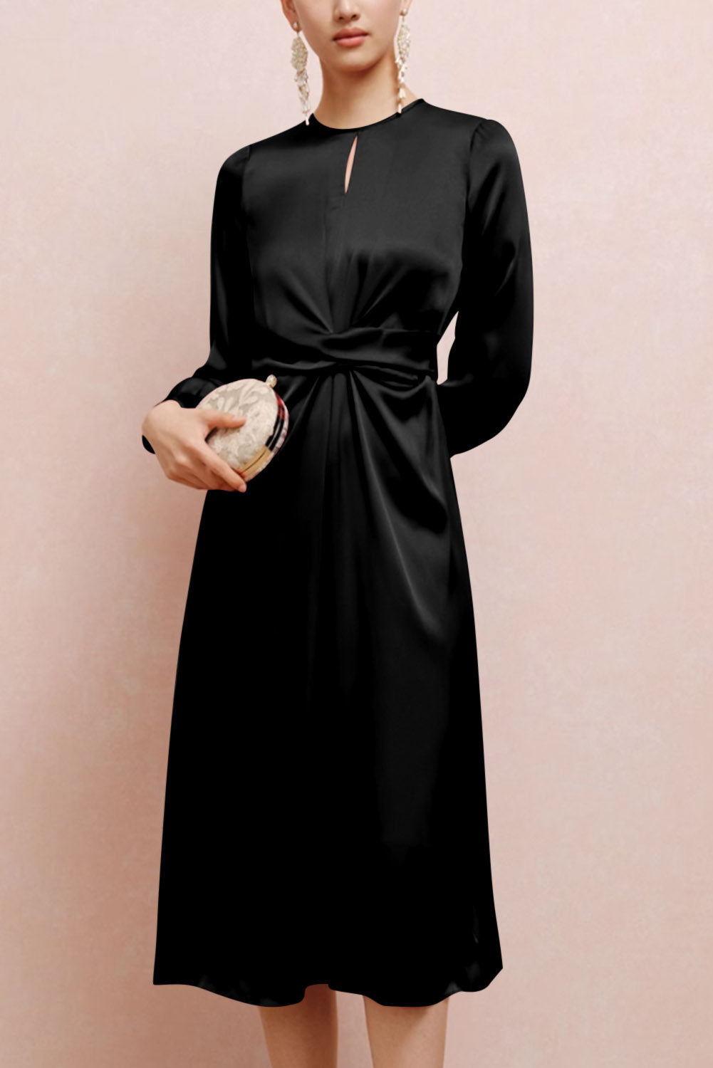 Black Twist Front Tie Back Long Sleeve Satin Dress-0