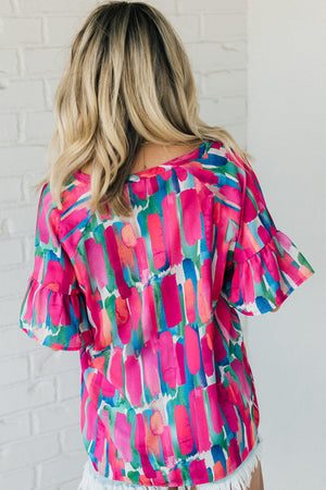 Rose Abstract Brushwork Print Buttoned V Neck Blouse-1