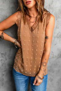 Brown Swiss Dot Lace Stitching V Neck Tank Top-3