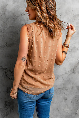 Brown Swiss Dot Lace Stitching V Neck Tank Top-1